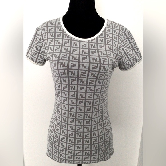 FENDI FF Monogram Beige Ivory Logo Print Top IT 44 (equiv. 4-6 US) - Picture 1 of 6